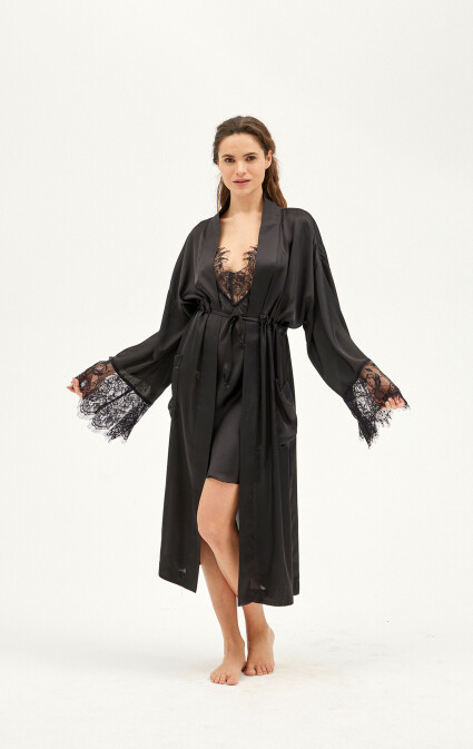 Alvin Lace Black Satin Dressing Gown - 2