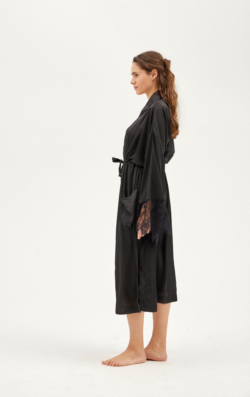 Alvin Lace Black Satin Dressing Gown - 3