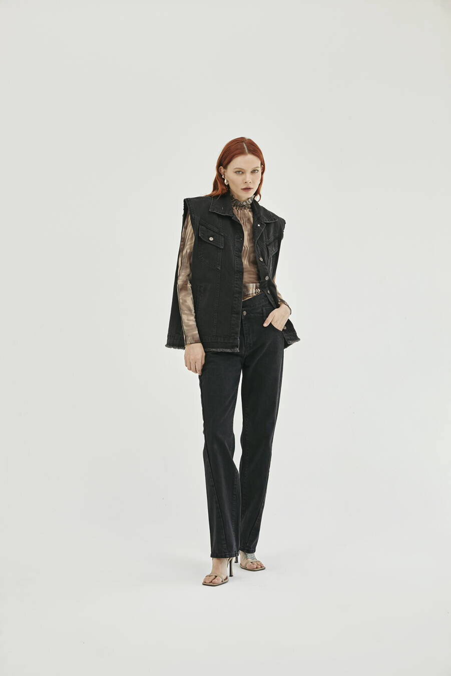 Black Denim Padded Vest - 4
