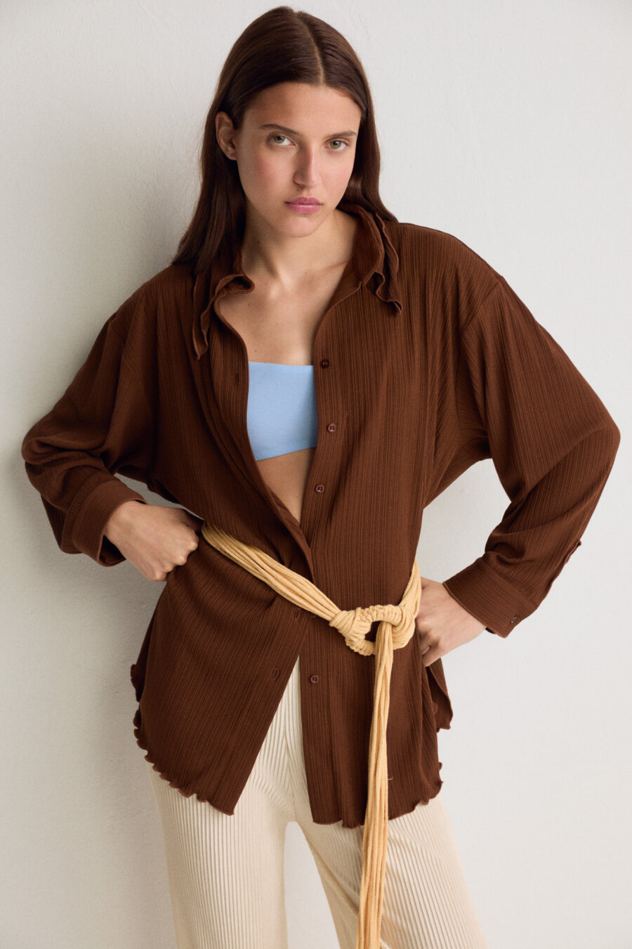 Brown Pleated Knitted Shirt - 1