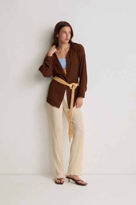 Brown Pleated Knitted Shirt - 3