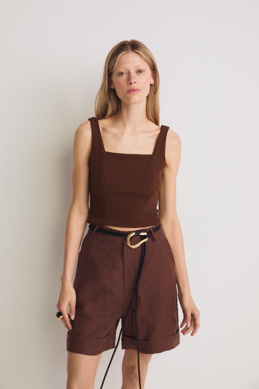 Brown Sleeveless Crop Top - 1