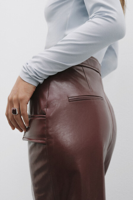 Burgundy Leather Skirt with Slits - 2