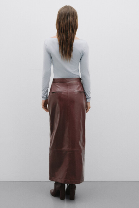 Burgundy Leather Skirt with Slits - 3