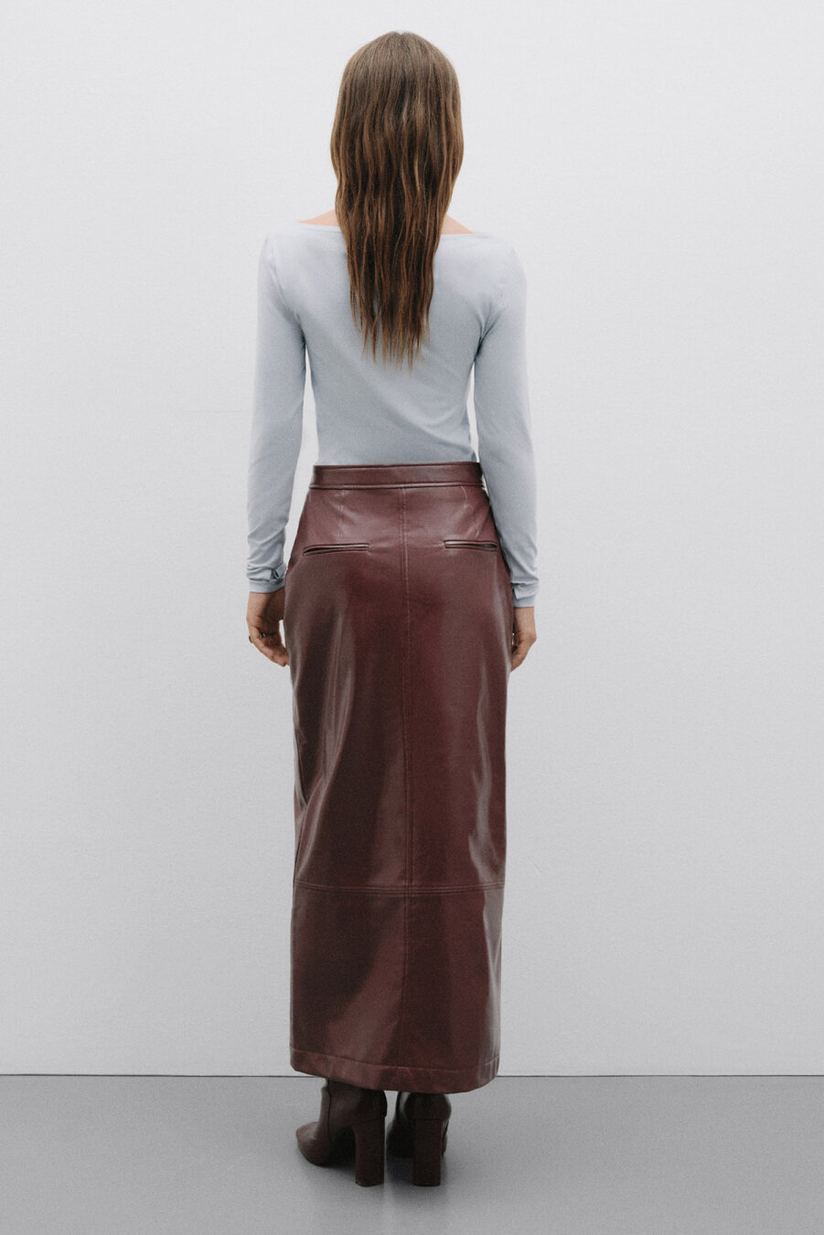 Burgundy Leather Skirt with Slits - 3