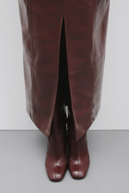 Burgundy Leather Skirt with Slits - 4
