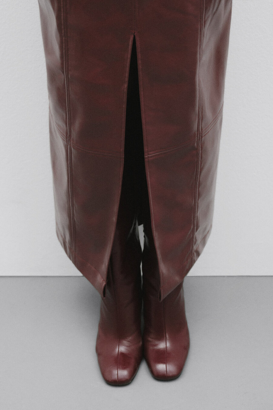 Burgundy Leather Skirt with Slits - 4