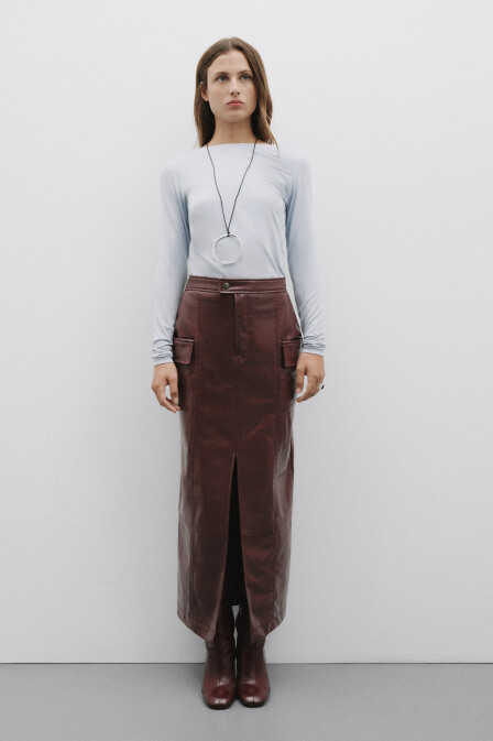 Burgundy Leather Skirt with Slits - 5