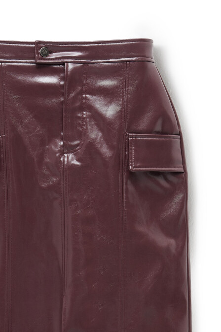 Burgundy Leather Skirt with Slits - 6