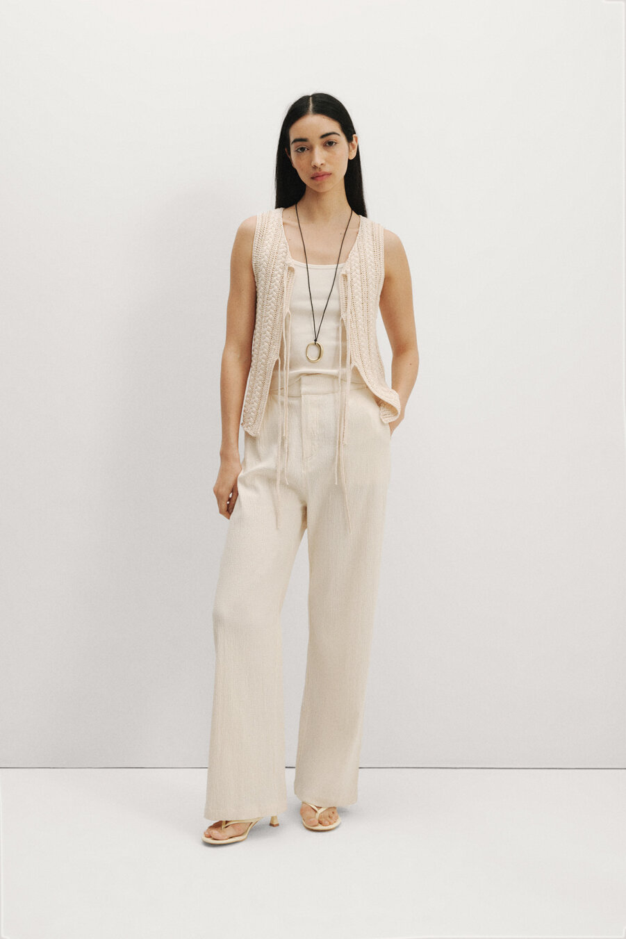 Cloe Ecru Textured Trousers - 1