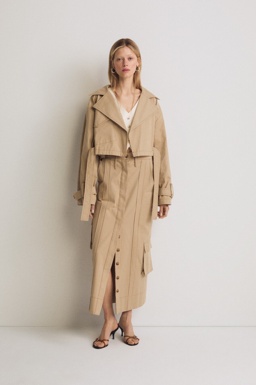 Cotton Beige Short Trench Coat - 3