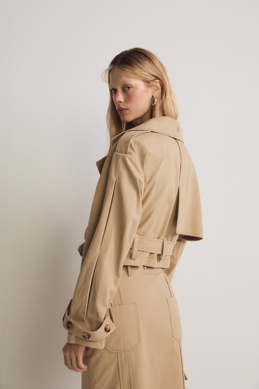 Cotton Beige Short Trench Coat - 2