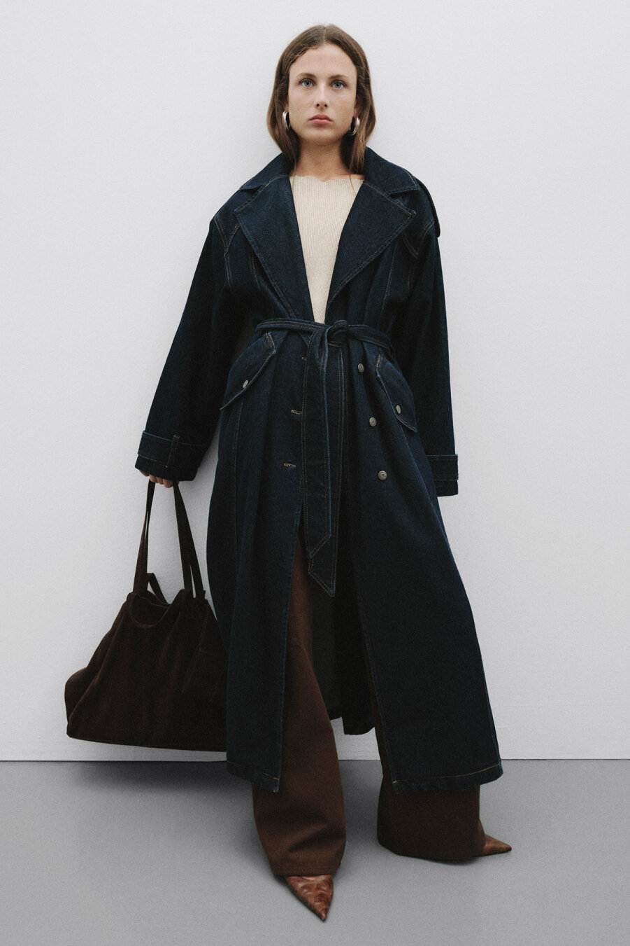 Dark Blue Denim Long Trench Coat - 1