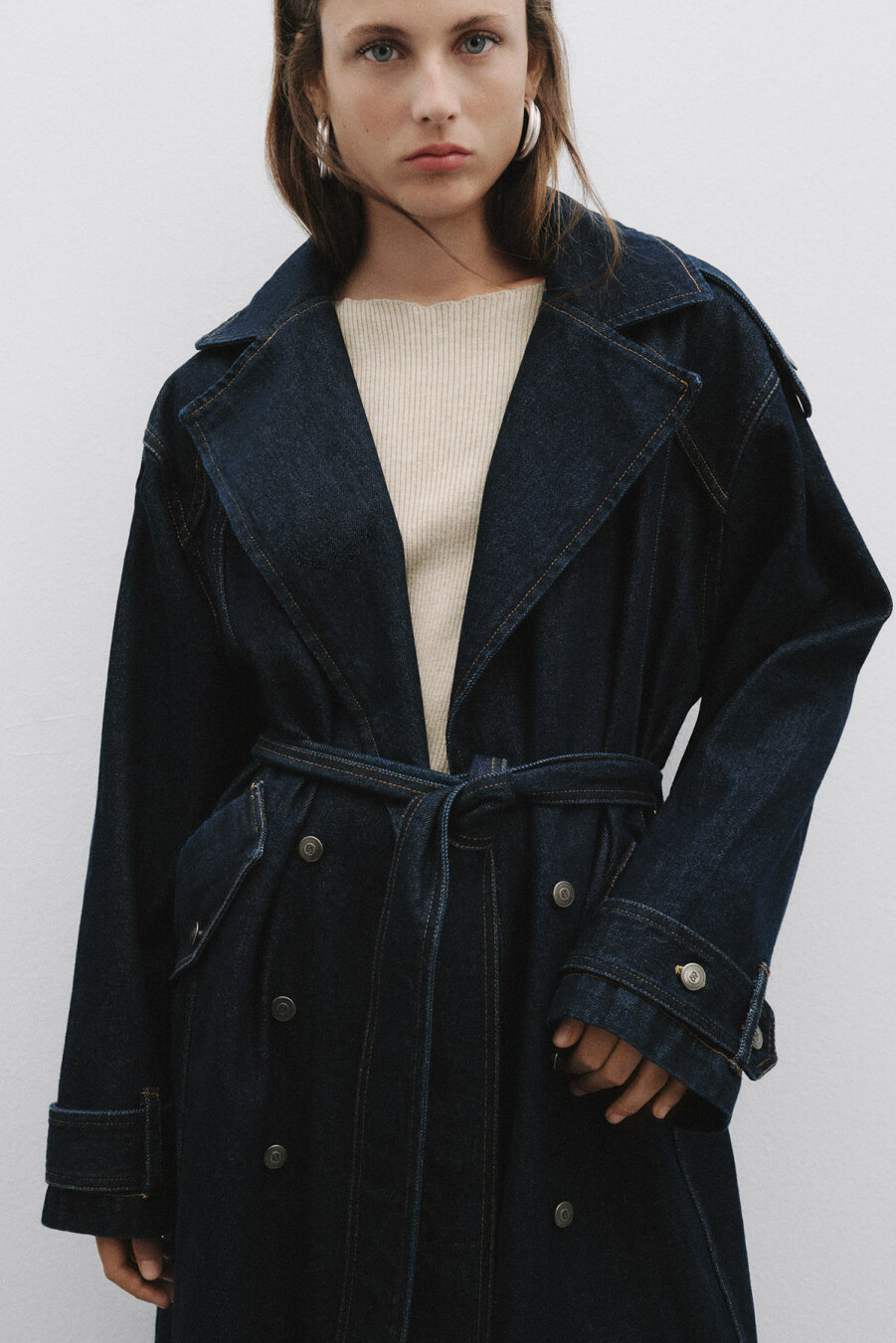 Dark Blue Denim Long Trench Coat - 4