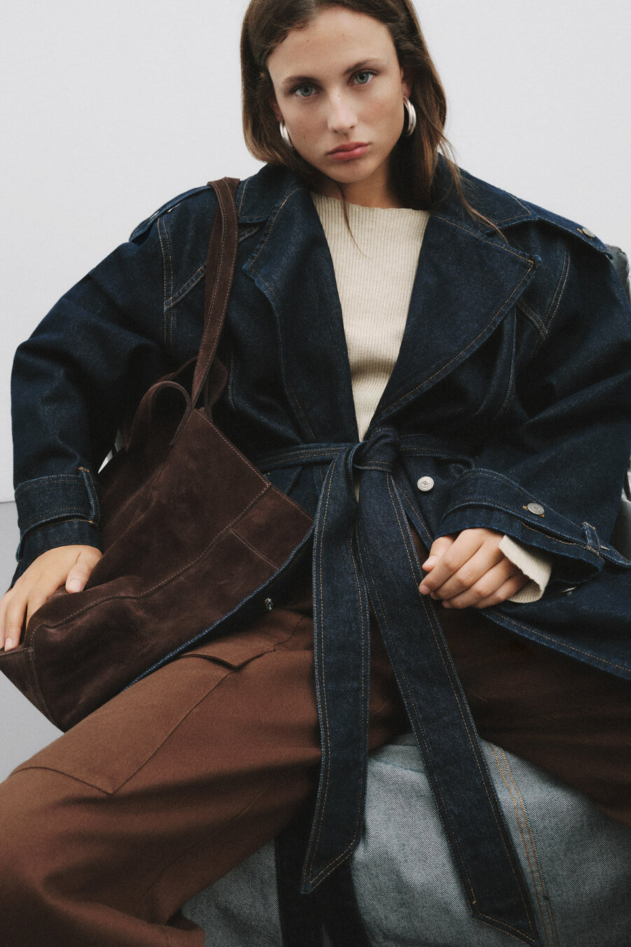 Dark Blue Denim Long Trench Coat - 3