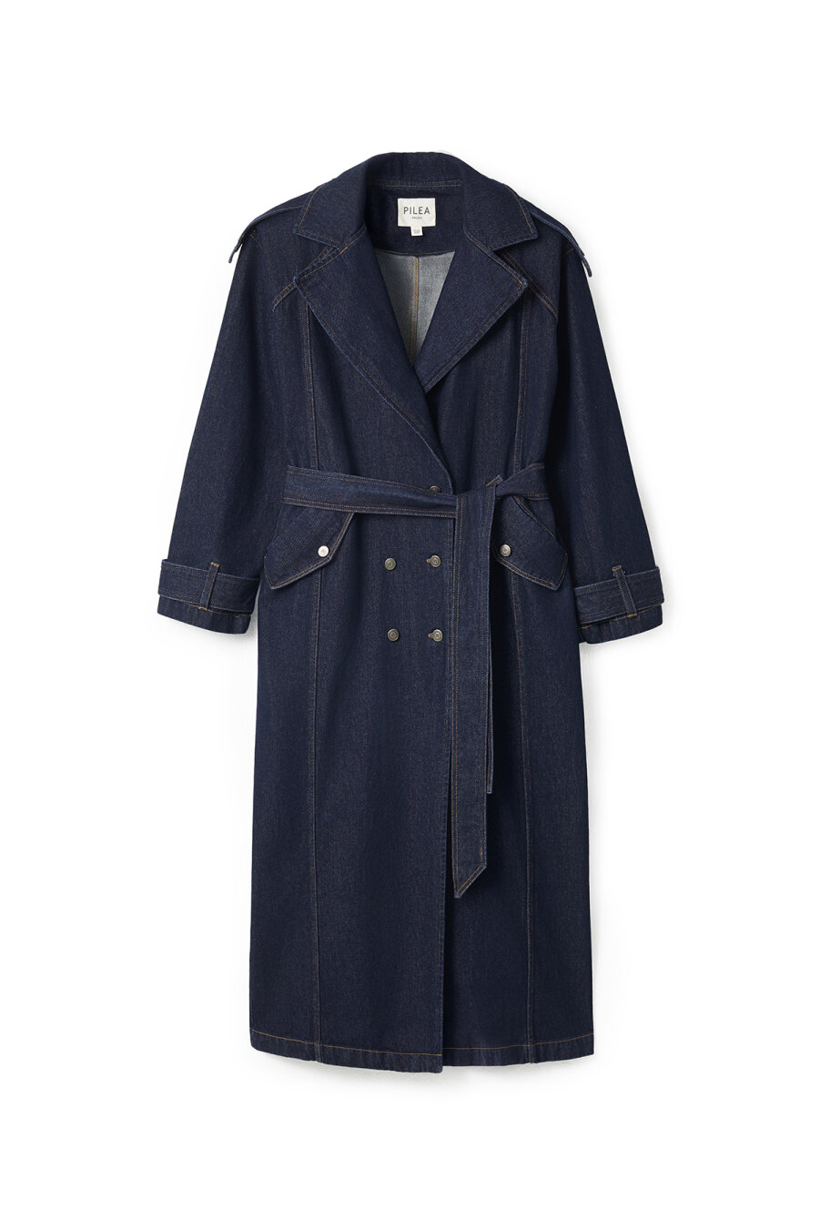 Dark Blue Denim Long Trench Coat - 4