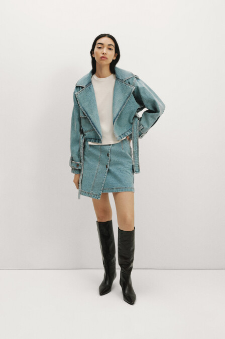 Denim Mini Trench Coat - 4