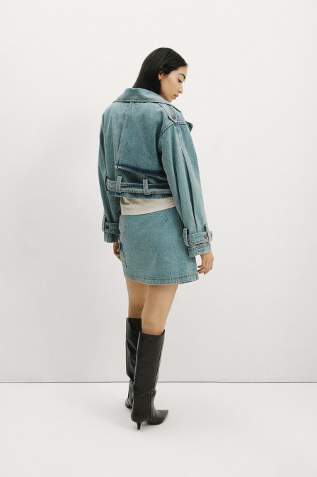 Denim Mini Trench Coat - 6