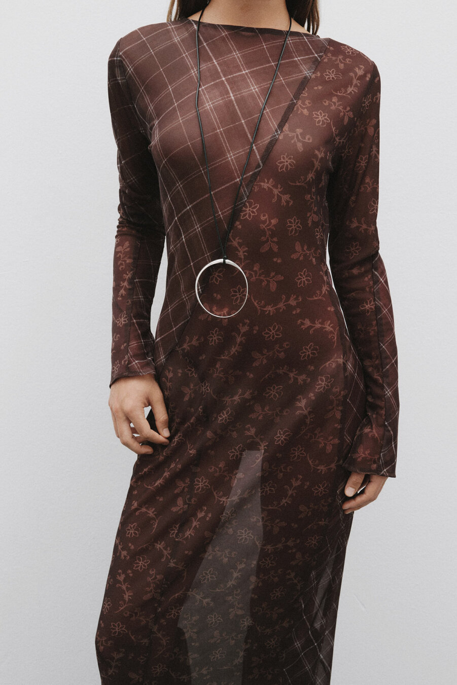 Ekose Floral Desenli Mesh Elbise - 6