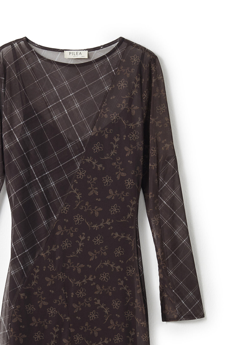 Ekose Floral Desenli Mesh Elbise - 5