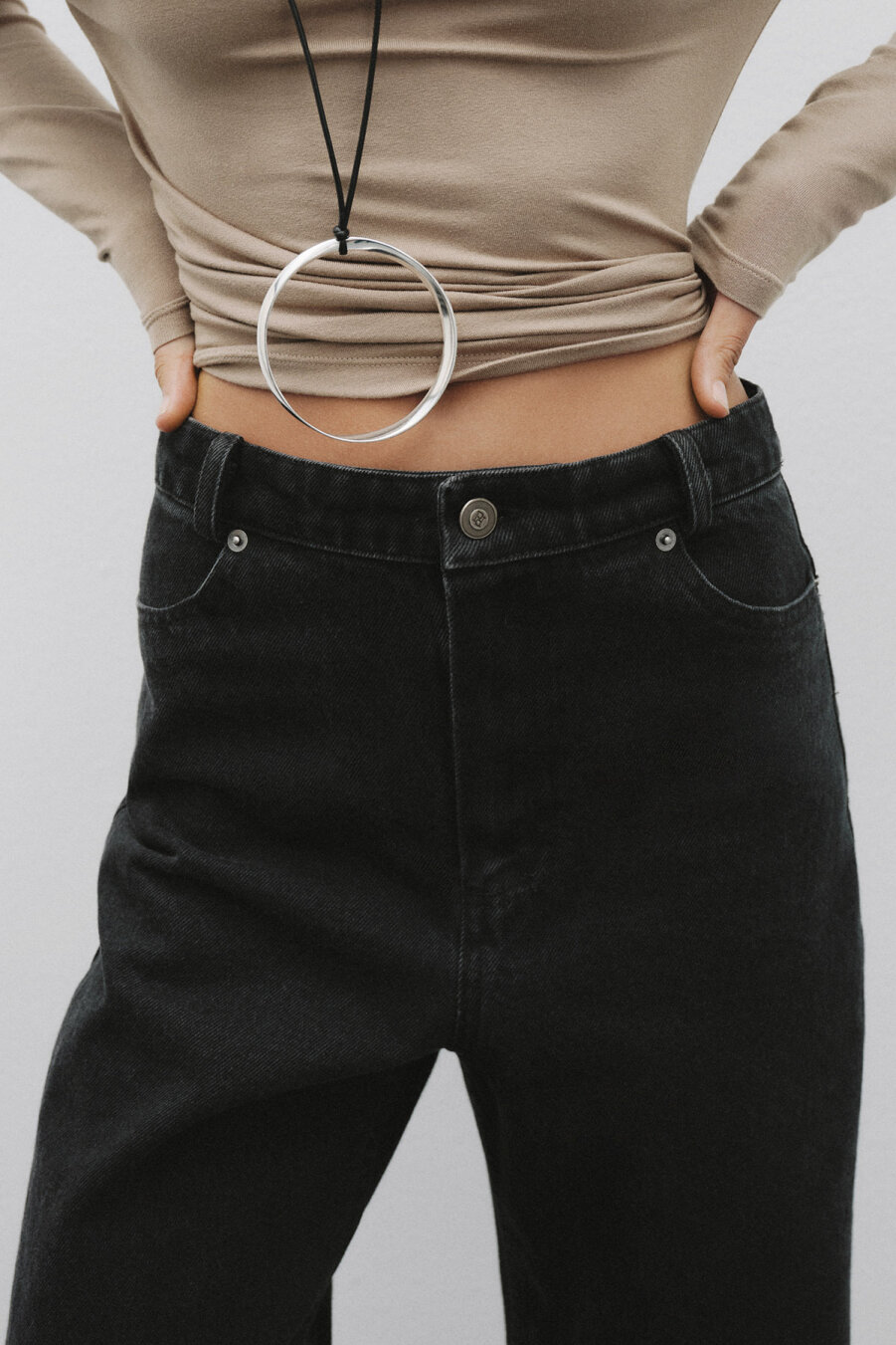 High Waist Anthracite Denim Trousers - 4