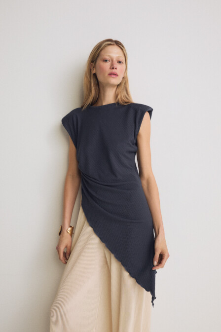 Indigo Sleeveless Asymmetrical Blouse - 1