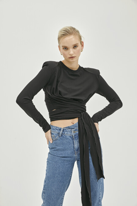 Ines Black Drawstring Blouse - 2