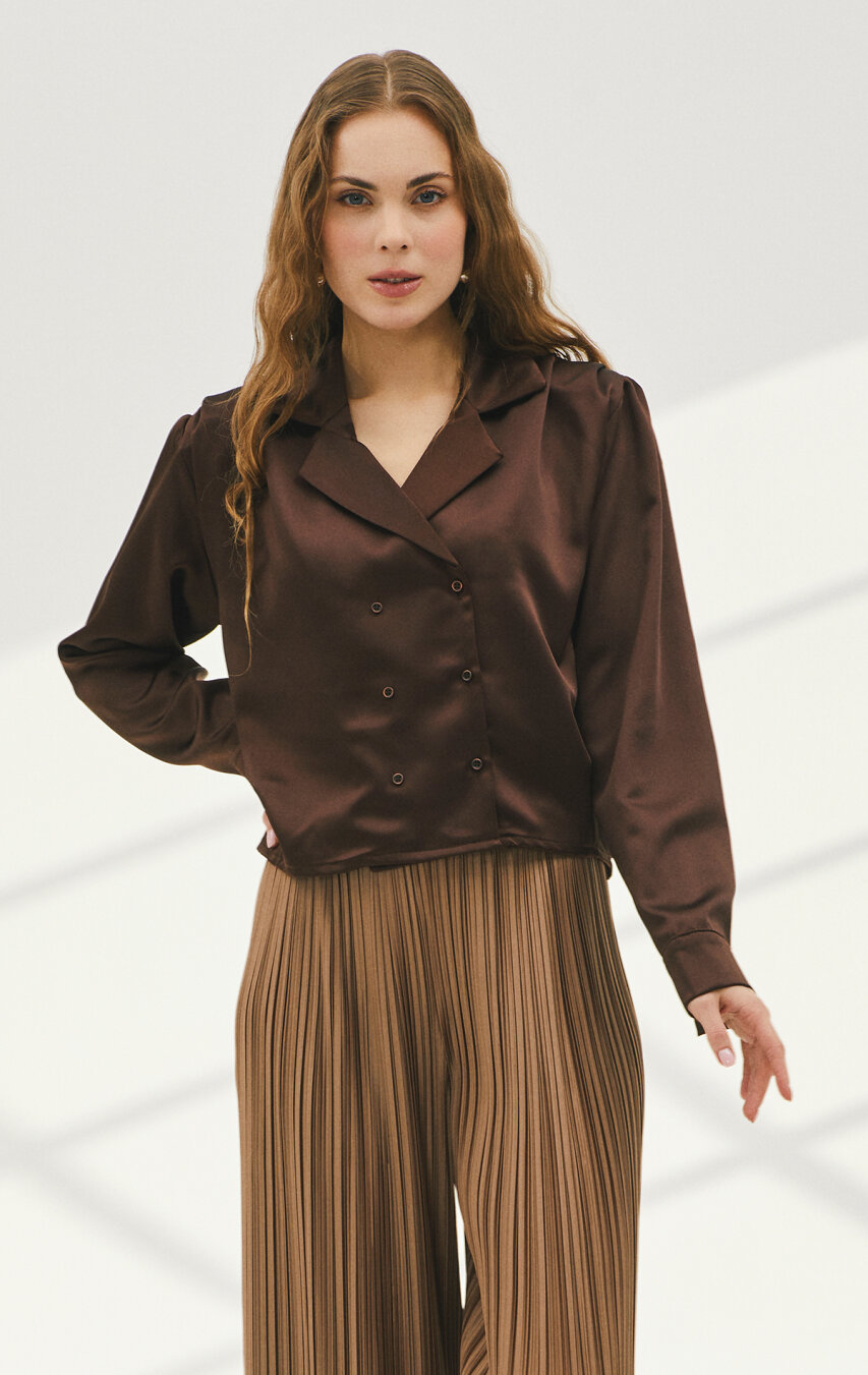 Karen Mini Padded Satin Brown Shirt - 1