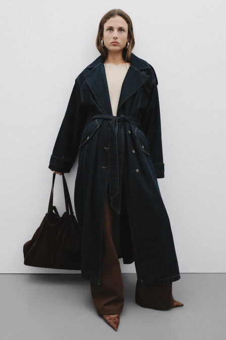 Koyu Mavi Denim Uzun Trençkot - Pilea