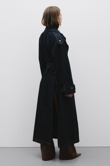 Koyu Mavi Denim Uzun Trençkot - 5