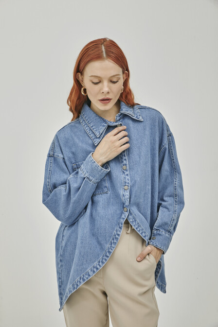 Mia Double Collar Asymmetrical Slit Denim Shirt - 1