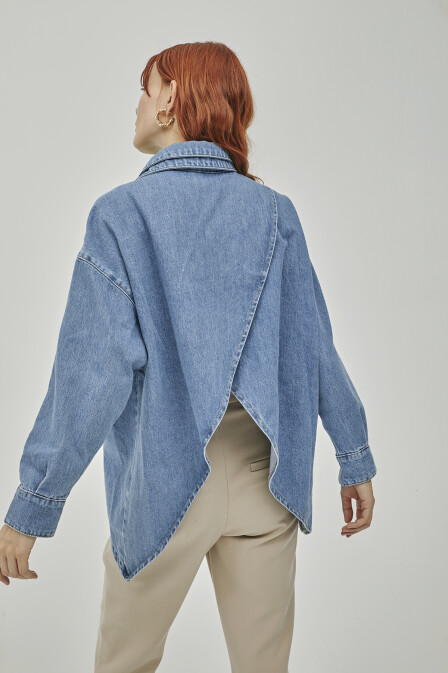 Mia Double Collar Asymmetrical Slit Denim Shirt - 5