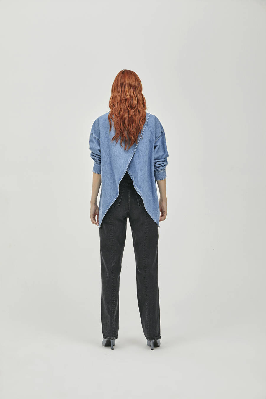 Mia Double Collar Asymmetrical Slit Denim Shirt - 3