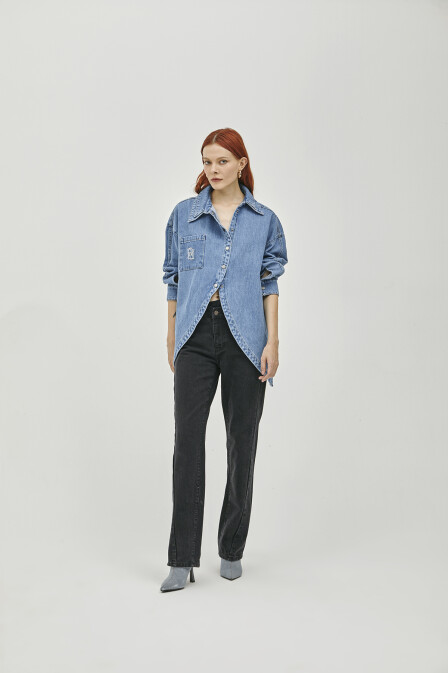 Mia Double Collar Asymmetrical Slit Denim Shirt - 2