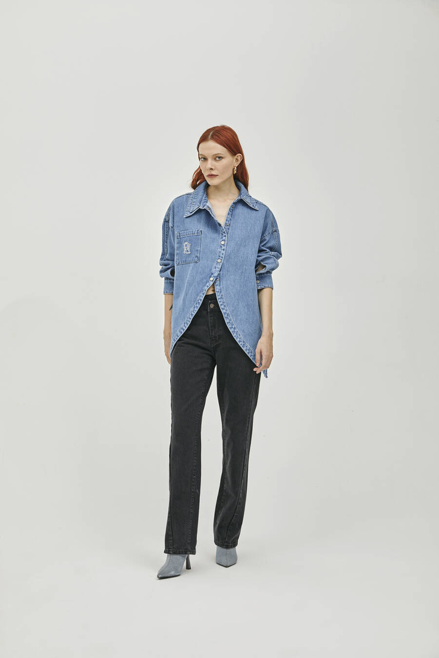 Mia Double Collar Asymmetrical Slit Denim Shirt - 2