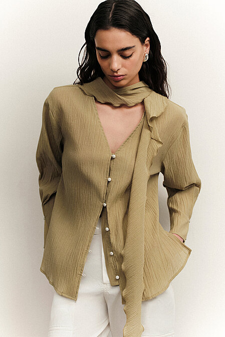 Olive Shawl Collar Blouse - Pilea