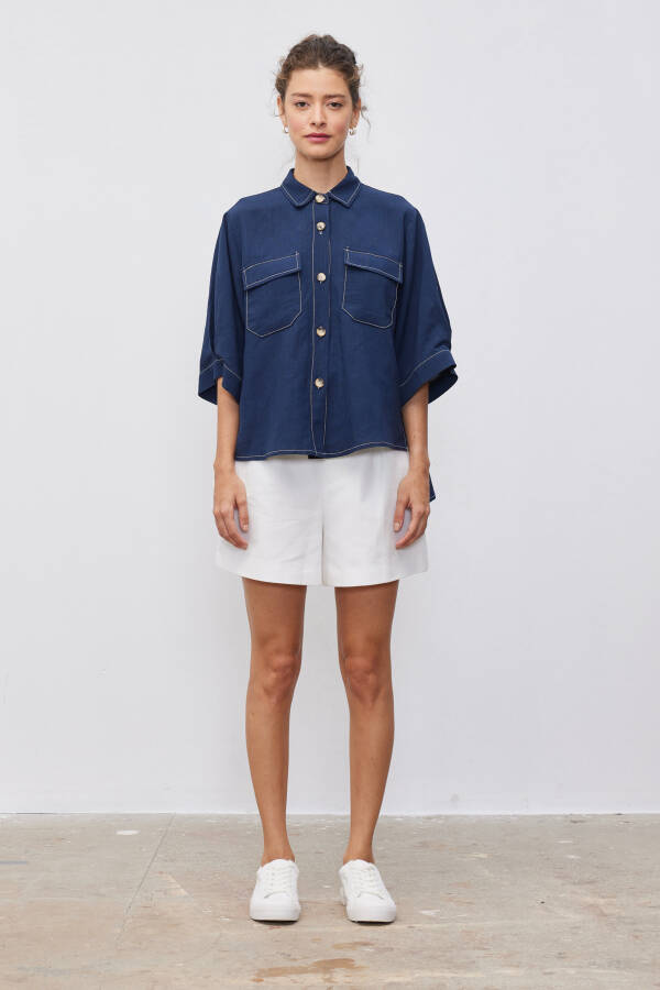 Olivia Navy Blue Linen Shirt - 2