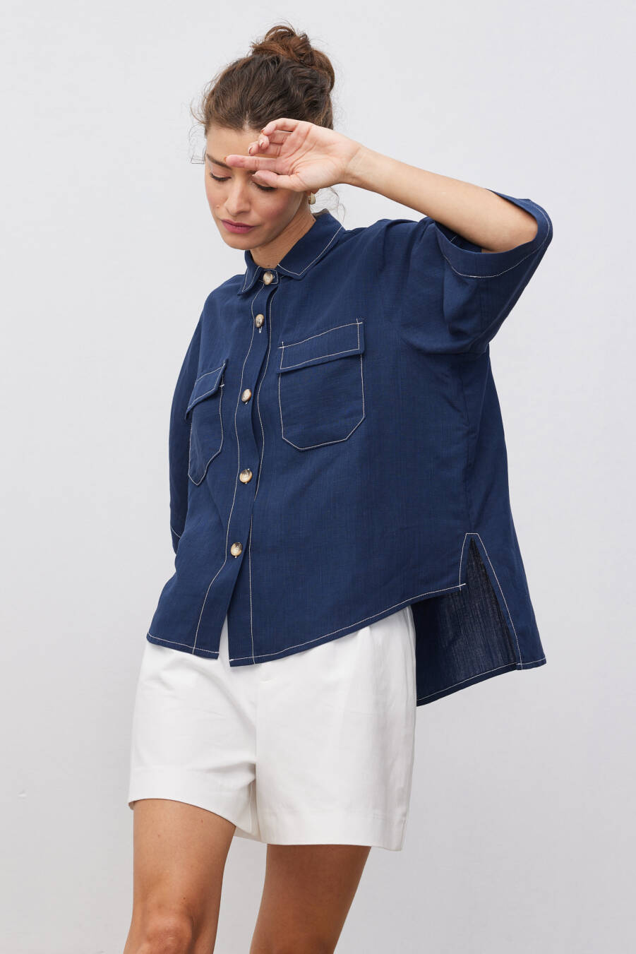 Olivia Navy Blue Linen Shirt - 4