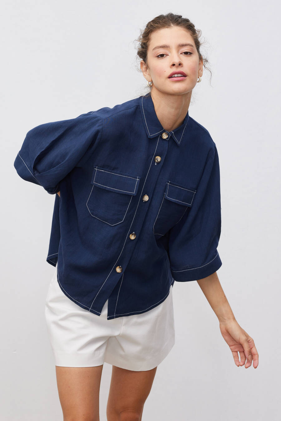 Olivia Navy Blue Linen Shirt - 1