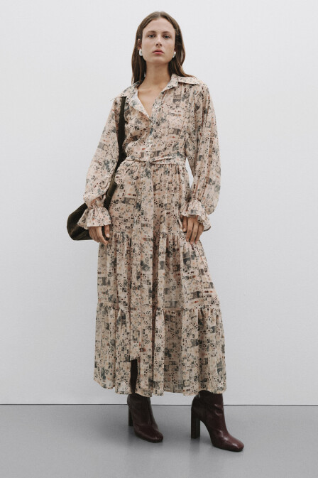 Patch Desenli Uzun Şifon Elbise - 2