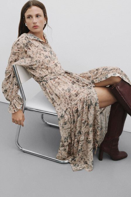 Patch Desenli Uzun Şifon Elbise - Pilea