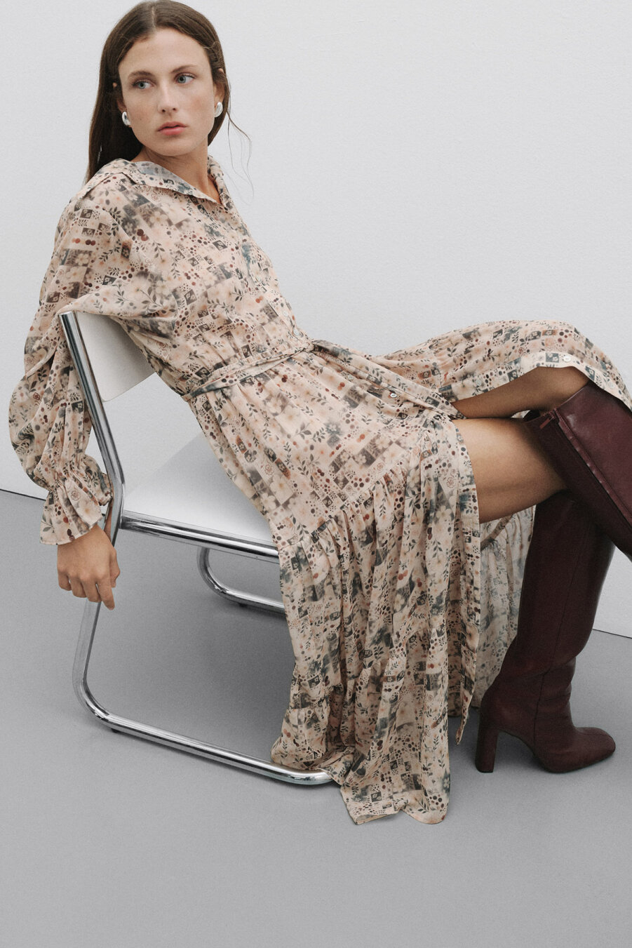 Patch Desenli Uzun Şifon Elbise - 1