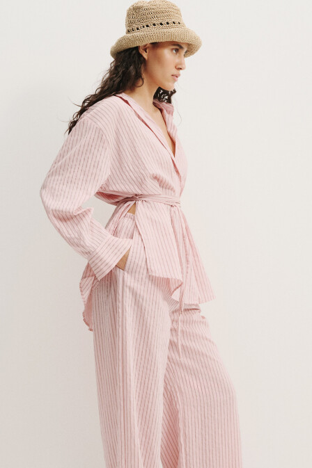 Pembe Çizgili Dökümlü Gömlek - 3