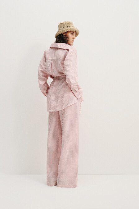 Pembe Çizgili Dökümlü Gömlek - 7