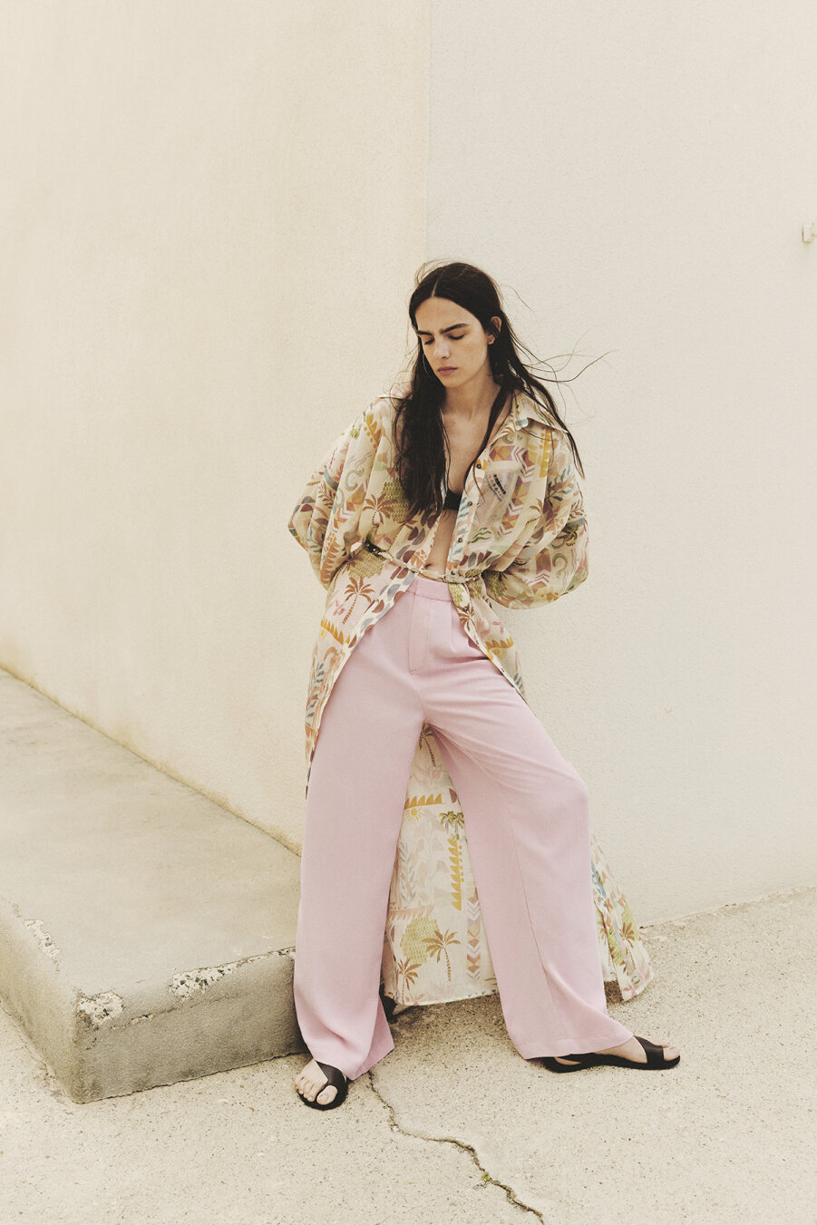 Pembe Çizgili Dökümlü Pantolon - 1