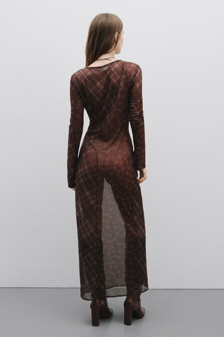 Plaid Floral Patterned Mesh Dress - 3