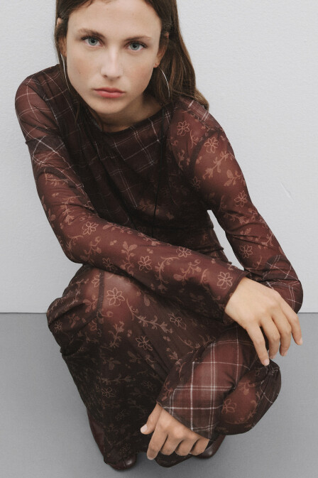 Plaid Floral Patterned Mesh Dress - 1