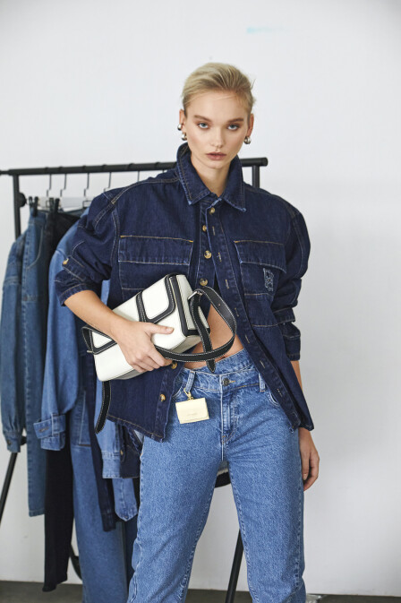 Pocket Detailed Denim Shirt with Asymmetrical Back in Navy Blue - 1