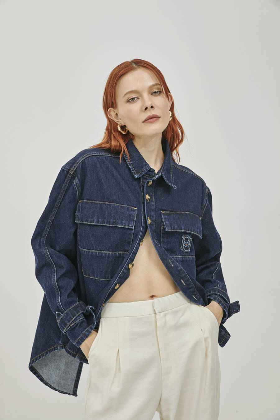 Pocket Detailed Denim Shirt with Asymmetrical Back in Navy Blue - 2