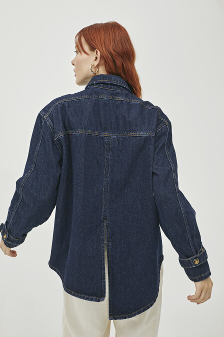 Pocket Detailed Denim Shirt with Asymmetrical Back in Navy Blue - 5